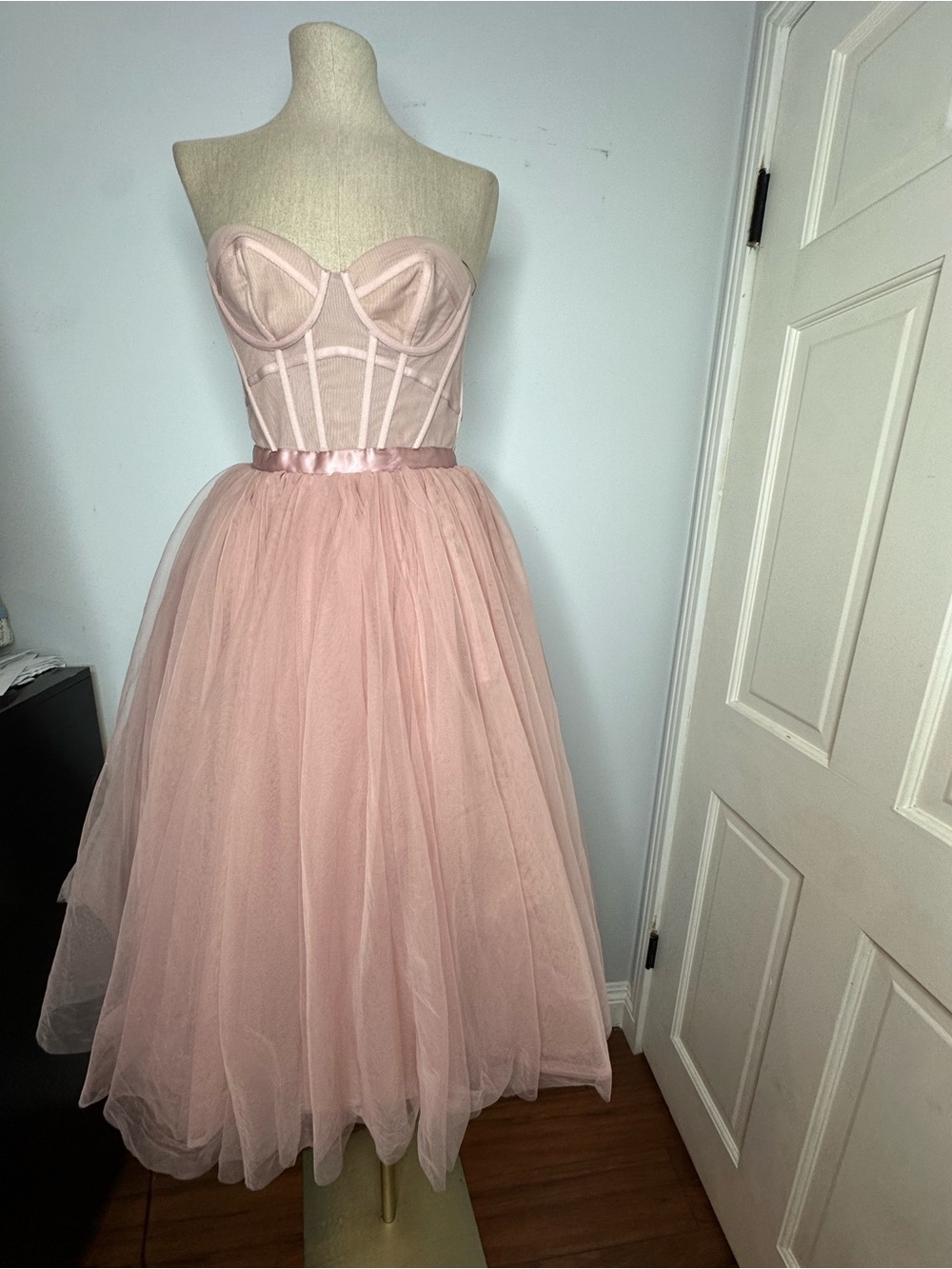 House of CB Darling French Rose Tulle Midi Dress, a strapless size small - Picture 3 of 15